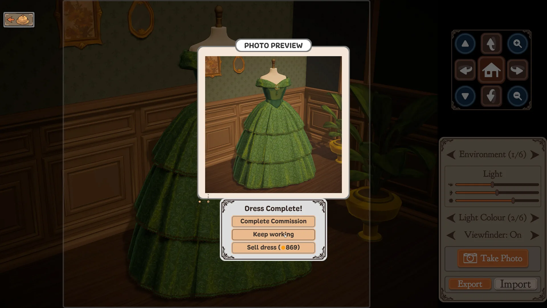 Green gown photo preview with Complete Commission, Keep working, and Sell dress buttons